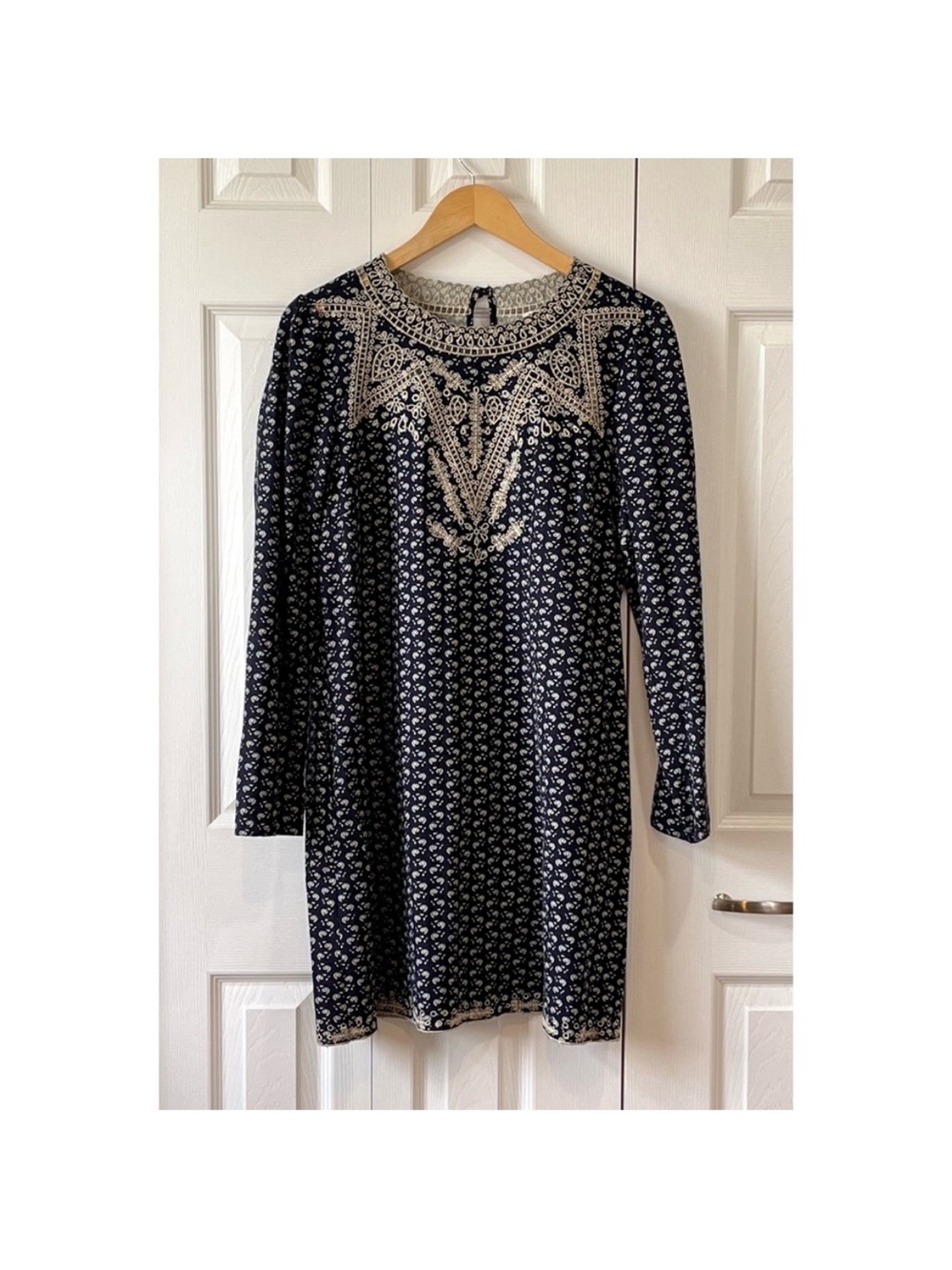 Anthropologie The Korner Navy & Cream Embroidered Tunic/Dress L